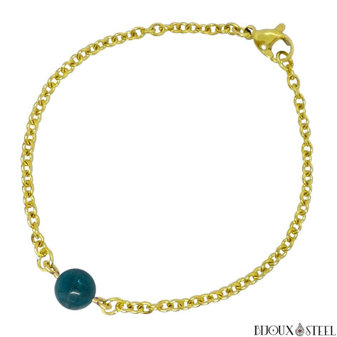 Bracelet à perle d'apatite bleue 8mm et sa chaîne dorée en acier chirurgical