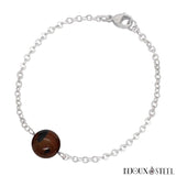 Bracelet argenté à perle d'obsidienne acajou 10mm en pierre naturelle et acier chirurgical