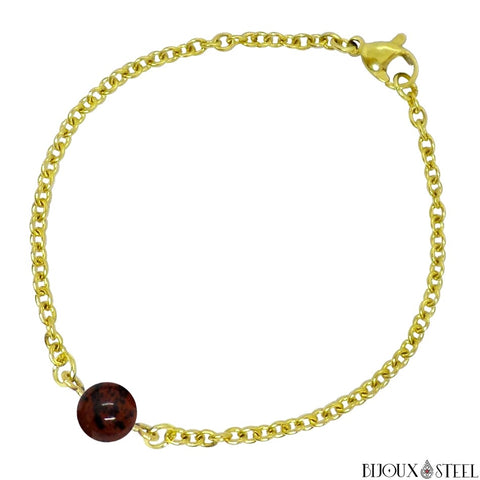 Bracelet doré à perle d'obsidienne acajou 8mm en acier inoxydable doré