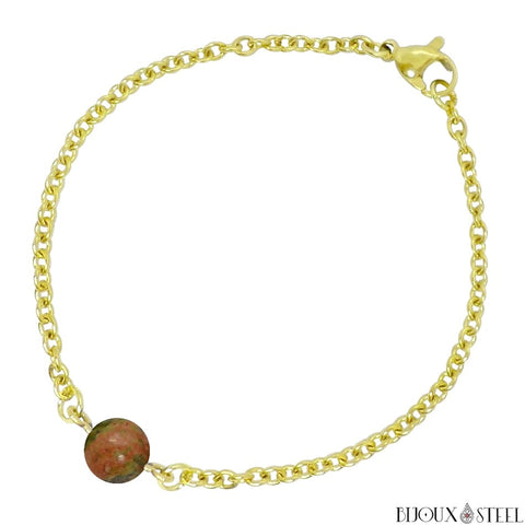 Bracelet à perle d'unakite 8mm et sa chaine dorée en acier inoxydable