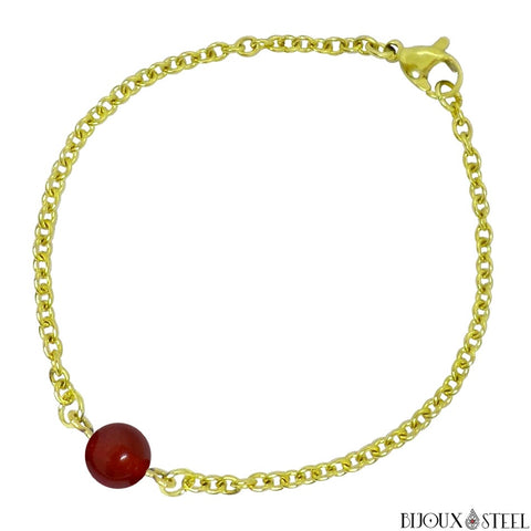 Bracelet à perle de cornaline 8mm en pierre naturelle et sa chaîne dorée en acier chirurgical