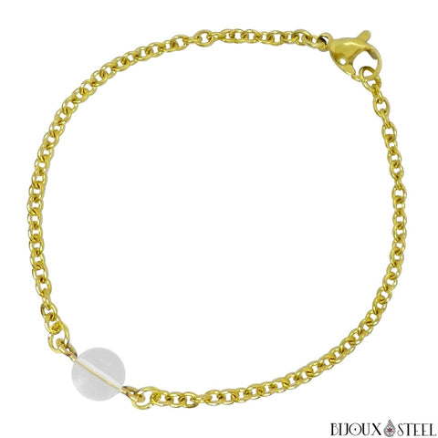 Bracelet à perle de cristal de roche 8mm et sa chaîne dorée en acier inoxydable