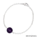 Bracelet à perle de fluorite violette 10mm et sa chaîne argentée en acier chirurgical