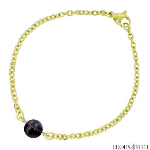 Bracelet à perle de gabbro merlinite 8mm en pierre naturelle et sa chaîne dorée en acier inoxydable