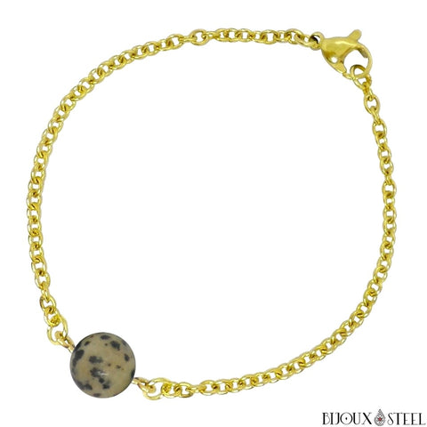 Bracelet à perle de jaspe dalmatien 10mm et sa chaîne dorée en acier inoxydable