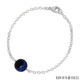 Bracelet argenté à perle d'oeil de tigre bleu 10mm en pierre naturelle et acier inox 