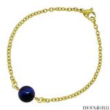 Bracelet doré à perle d'oeil de tigre bleu 10mm en pierre naturelle et acier inox