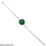Bracelet argenté à perle d'agate verte 10mm en pierre naturelle teintée et acier chirurgical