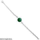 Bracelet argenté à perle d'agate verte 8mm en pierre naturelle teintée et acier chirurgical