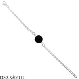Bracelet à perle d'onyx noir agate 8mm en acier chirurgical argenté et pierre naturelle