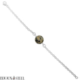 Bracelet argenté à perle de jaspe dalmatien 8mm en pierre naturelle et acier chirurgical
