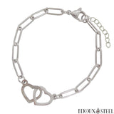 Bracelet argenté chaine trombone double coeur en acier inoxydable