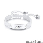 Bracelet blanc tressé personnalisable en cordon et acier inoxydable