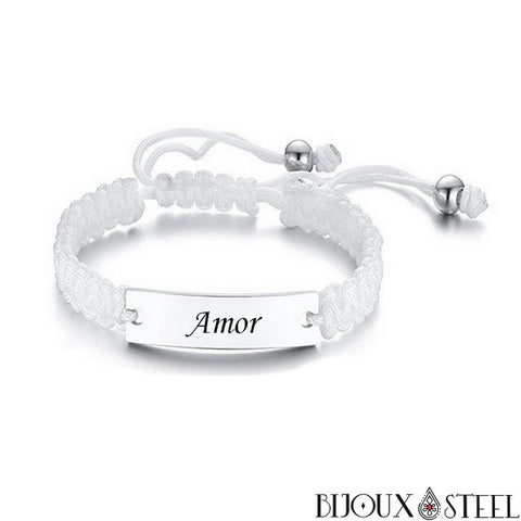 Bracelet blanc tressé personnalisable en cordon et acier inoxydable