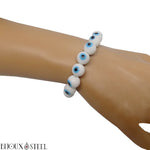 Bracelet en perles blanches 10mm en verre style mauvais oeil talisman de protection turc grec