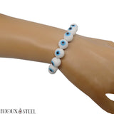 Bracelet en perles blanches 10mm en verre style mauvais oeil talisman de protection turc grec