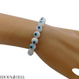 Bracelet en perles blanches 8mm en verre style mauvais oeil talisman de protection grec et turc