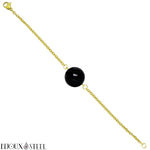 Bracelet à perle d'onyx noir agate 10mm en acier chirurgical doré et pierre naturelle