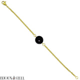 Bracelet à perle d'onyx noir agate 8mm en acier chirurgical doré et pierre naturelle