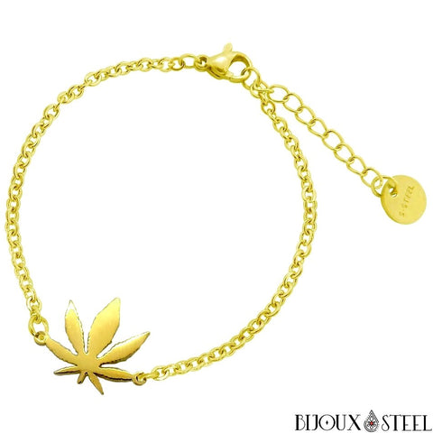 Bracelet doré feuille de cannabis en acier inoxydable