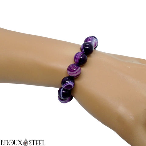 Bracelet élastique à perles d'agate violette teintée 10mm en pierre naturelle
