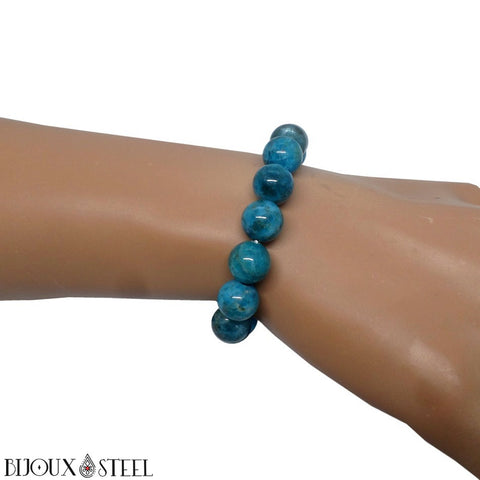 Bracelet élastique à perles d'apatite bleue 10mm en pierre naturelle
