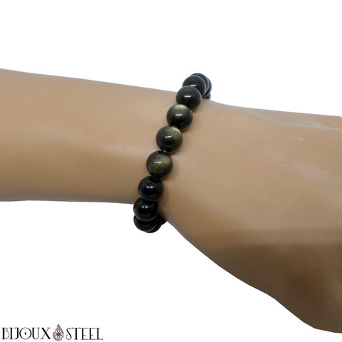 Bracelet élastique à perles d'obsidienne dorée 8mm en pierre naturelle