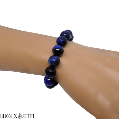 Bracelet élastique à perles d'oeil de tigre bleu teintées 10mm en pierre naturelle