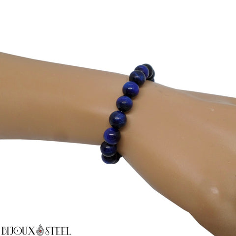 Bracelet élastique à perles d'oeil de tigre bleu teintées en pierre naturelle
