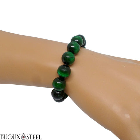 Bracelet élastique à perles d'oeil de tigre vert teintées 10mm en pierre naturelle