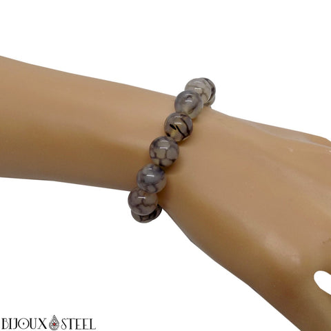Bracelet élastique en perles d'agate veine de dragon grise 10mm en pierre naturelle