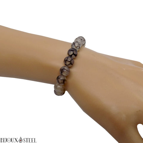 Bracelet élastique en perles d'agate veine de dragon grise 8mm en pierre naturelle