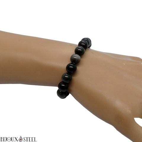 Bracelet élastique en perles d'obsidienne argentée 8mm en pierre naturelle