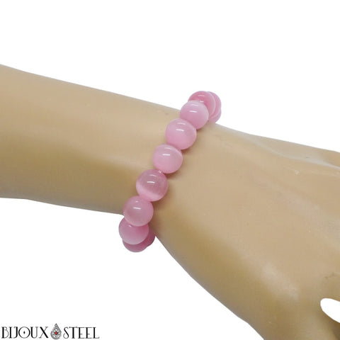 Bracelet élastique en perles d'oeil de chat 10mm rose en verre