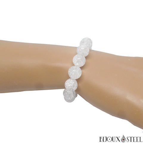 Bracelet élastique en perles de cristal de roche quartz craquelé 10mm en pierre naturelle
