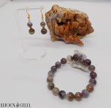 Bracelet en perles rondes 10mm en agate du Botswana et ses boucles d'oreille pendantes dorées en perles d'agate du Botswana en pierre naturelle et acier chirurgical