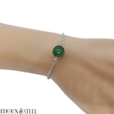 Bracelet en acier chirurgical argenté et sa perle d'agate indienne 10mm en pierre naturelle