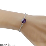 Bracelet en acier inoxydable argenté et sa perle d'agate violette 10mm
