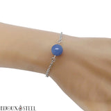 Bracelet en acier chirurgical argenté et sa perle d'aventurine bleue 10mm
