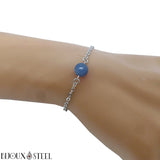 Bracelet en acier chirurgical argenté et sa perle d'aventurine bleue 8mm