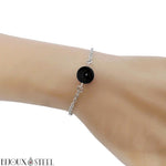 Bracelet à perle d'onyx noir 10mm argenté en acier inoxydable