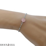 Bracelet en acier inoxydable argenté et sa perle de quartz rose 8mm