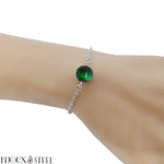 Bracelet à perle d'oeil de tigre vert 10mm et sa chaîne argentée en acier inoxydable
