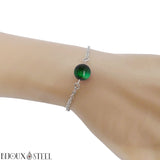 Bracelet à perle d'oeil de tigre vert 10mm et sa chaîne argentée en acier inoxydable