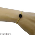 Bracelet à perle d'onyx noir 10mm doré en acier inoxydable