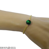 Bracelet à perle d'oeil de tigre vert 10mm et sa chaîne dorée en acier inoxydable