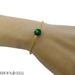 Bracelet à perle d'oeil de tigre vert 8mm et sa chaîne dorée en acier inoxydable