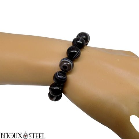 Bracelet en perles d'agate noire à rayures 10mm en pierre naturelle