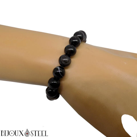 Bracelet en perles d'agate noire rayée onyx 8mm en pierre naturelle