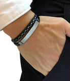 Bracelet homme personnalisé noir et argenté en simili cuir et acier inoxydable